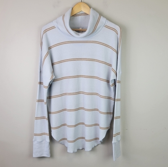 ARITZIA Babaton Cowlneck Thermal Long Sleeve Top Stripe Blue Tan L - Picture 11 of 11